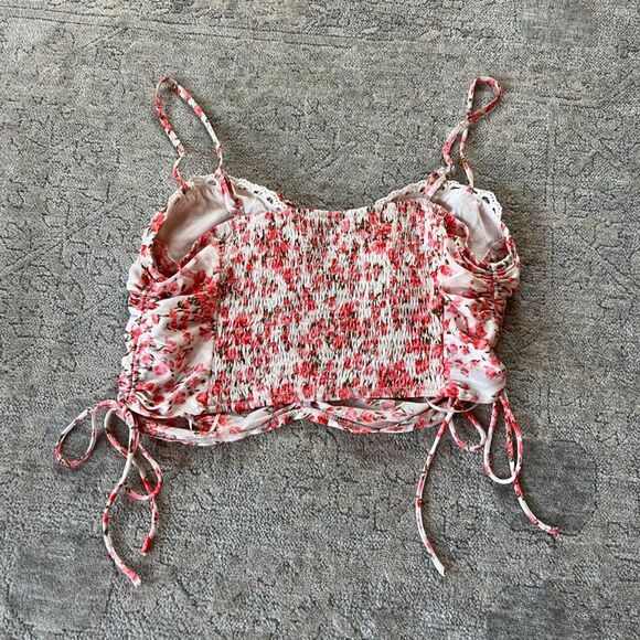 Princess Polly Maddi Top Pink Floral Ruched Lace Trim Crop Tank Women Size L/12 - Picture 5 of 5